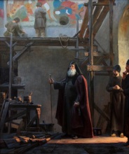 Иона Сысоевич осматривает роспись надвратной церкви